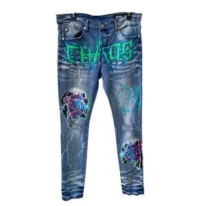 GFTD LA Chaos 34x32 Distressed Skull Light Wash Denim Jeans